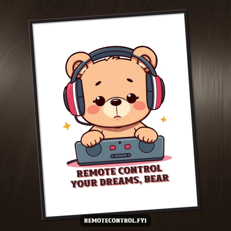Funny free printable wall art of a bear with oversized headphones, looking intently at a remote control.