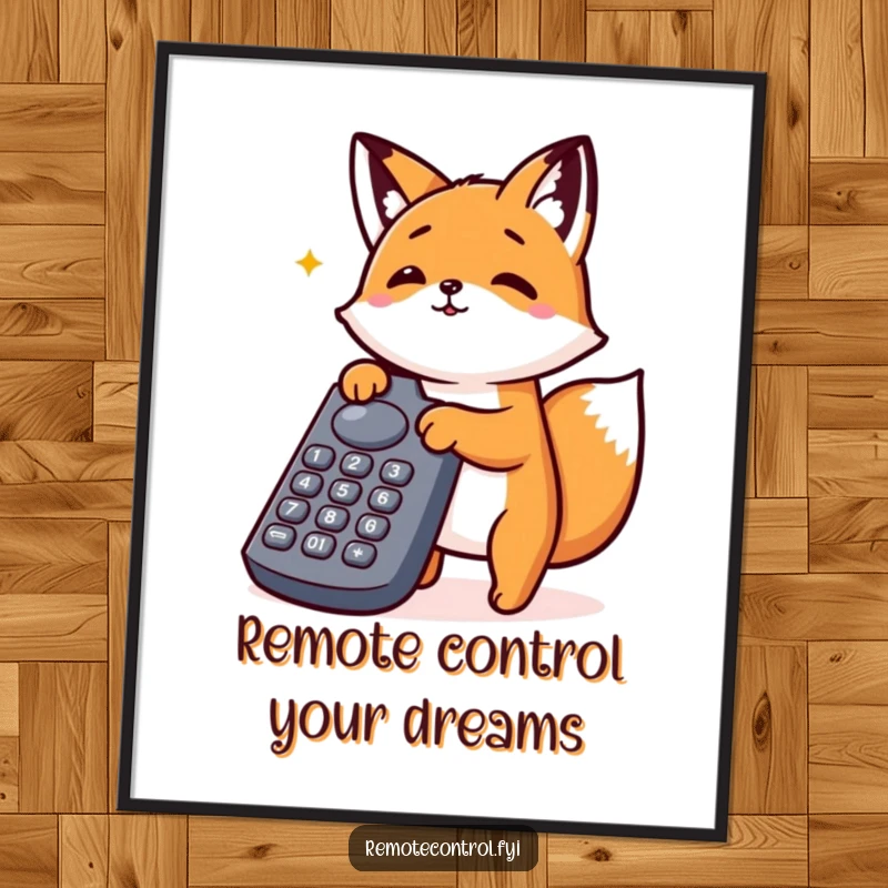 Funny Free Printable wall art showcasing an excited kawaii fox energetically pressing all the buttons on a giant remote control, full of glee.