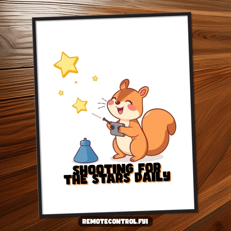Funny Free Printable wall art of a joyful squirrel character using a remote control to launch a shining star high into the night sky.