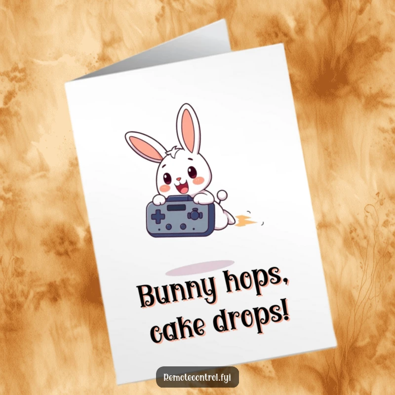 Funny free printable birthday card featuring a happy bunny flying with a giant remote, ready for a birthday celebration.