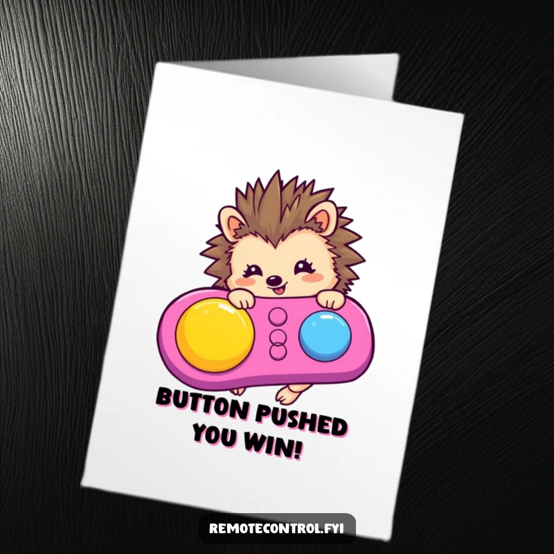 Funny Free Printable Birthday Card: A joyful hedgehog eagerly pushes a big button on a vibrant remote, ready for fun.
