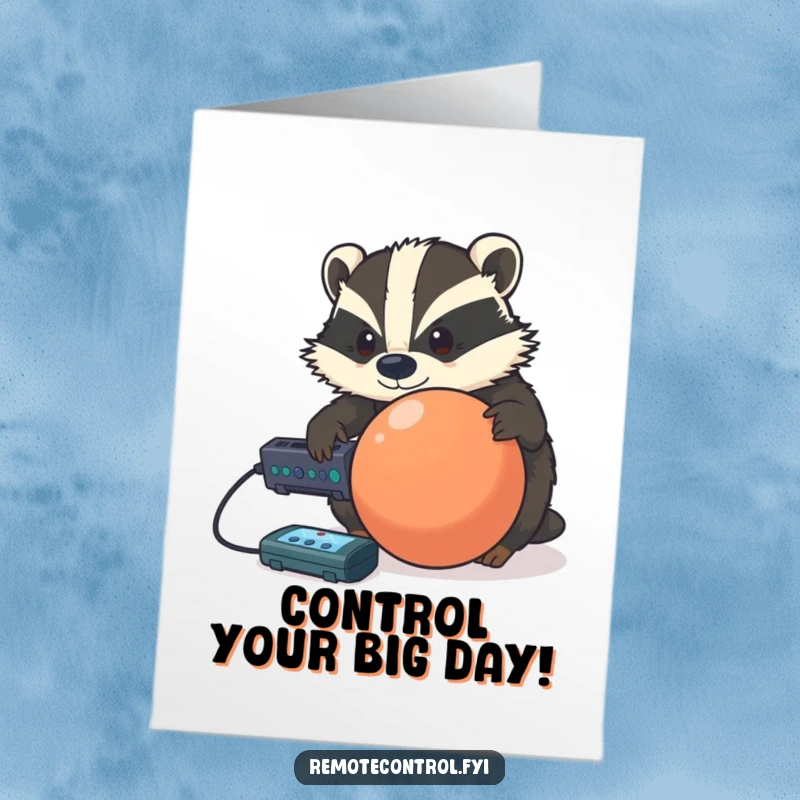 Funny Free Printable Birthday Card: A determined badger tries to control a rolling ball with a remote, focused on the task.