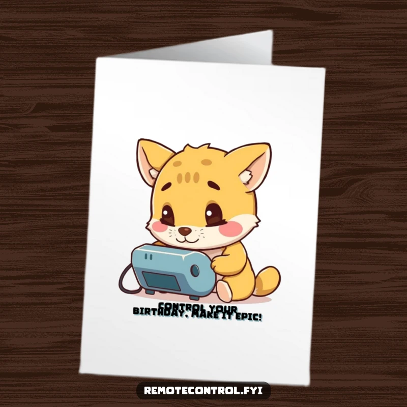 Funny Free Printable Birthday Card: Curious animal intently examining a remote control, ready for fun.