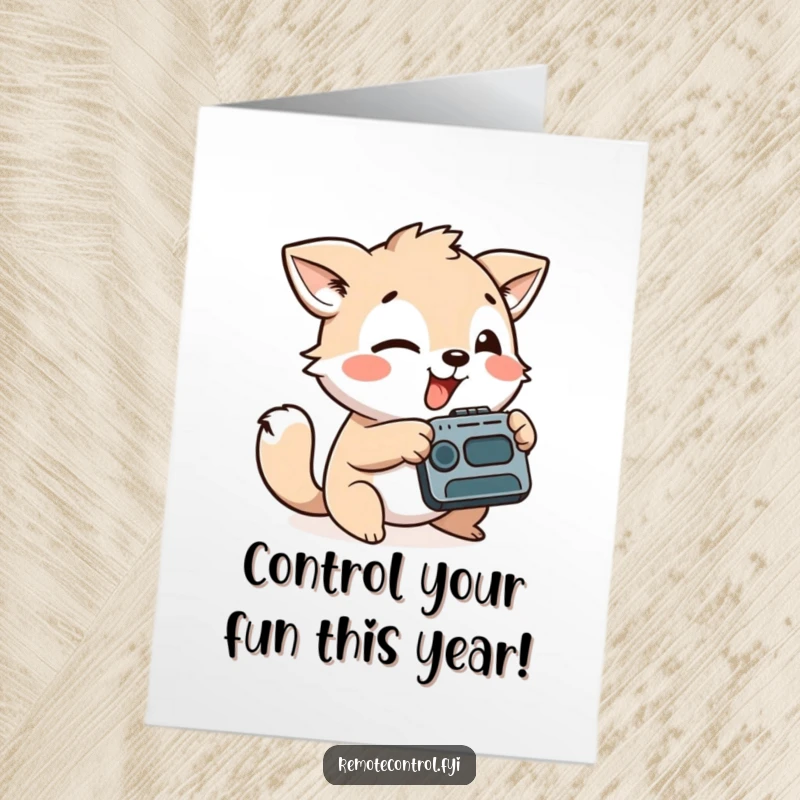Funny Free Printable Birthday Card: A playful animal character makes a silly face while aiming a remote control, ready for fun.