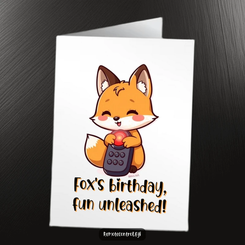 Funny free printable birthday card featuring a playful fox about to press a glowing red button on a remote.