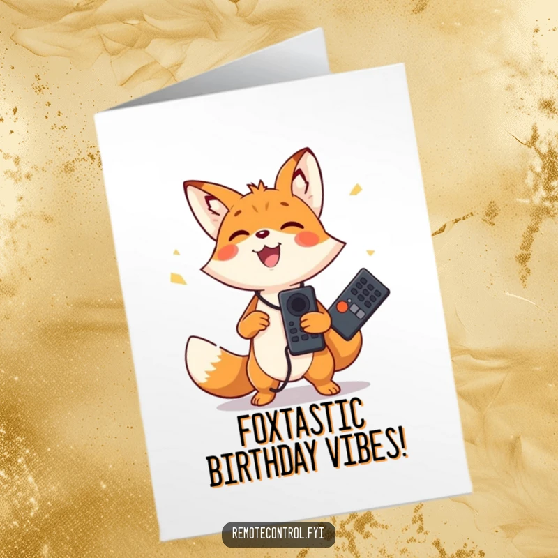 Funny free printable birthday card showing a happy fox joyfully juggling two remote controls, celebrating with playful energy.