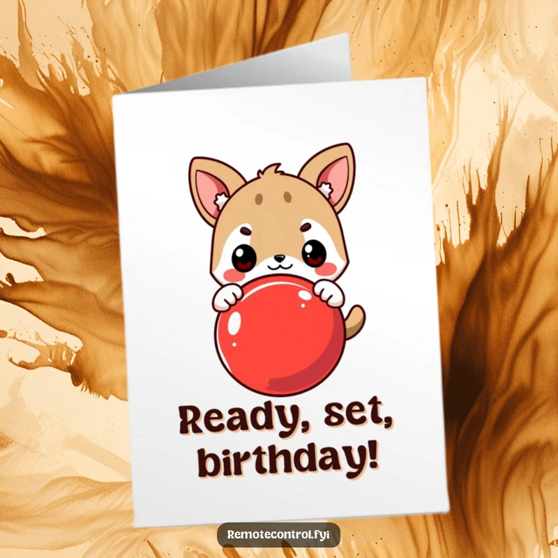 Funny Free Printable Birthday Card: Cute animal eagerly pressing a large red button with a determined expression.