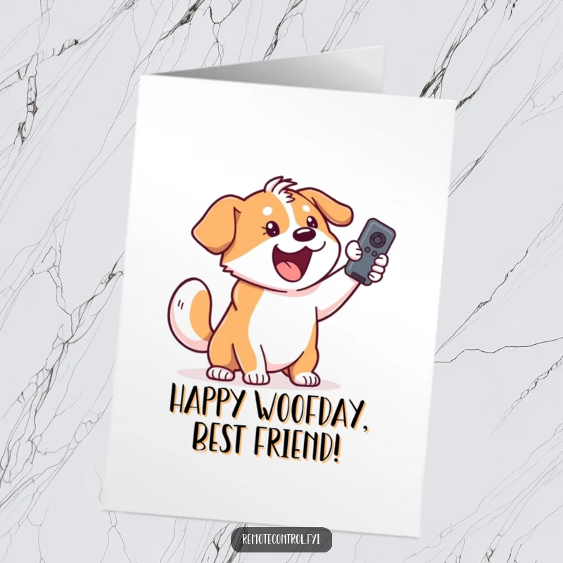 Funny Free Printable Birthday Card: Excited dog with tail wagging furiously holding a remote control aloft. Hilarious downloadable gift.