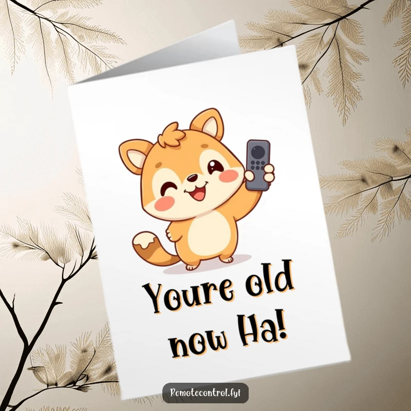 Funny Free Printable Birthday Card: Smiling animal happily pointing a remote control, ready for a TV marathon gift.