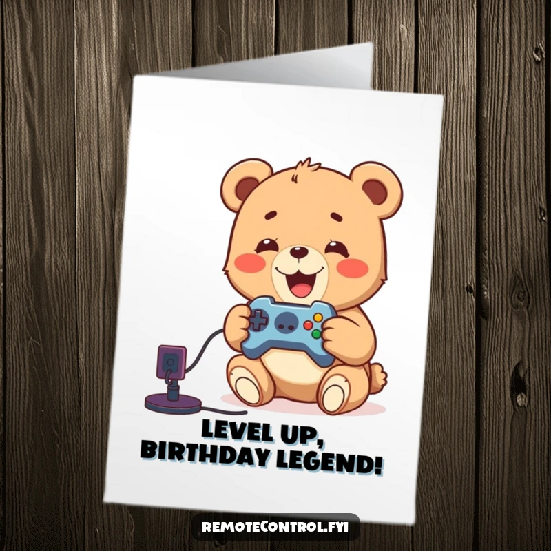 Funny Free Printable Birthday Card: Delighted bear cub intensely playing video games with a remote control.