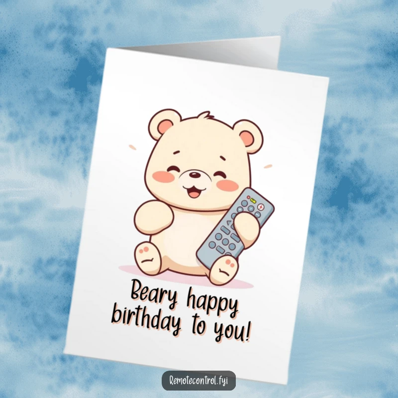 Funny Free Printable Birthday Card: Happy bear cub gleefully pressing TV remote buttons, ready for fun. Hilarious downloadable gift.