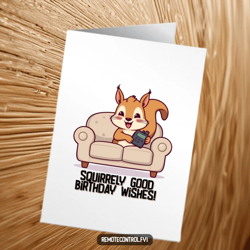 Funny Free Printable Birthday Card: Mischievous squirrel peeking from behind a couch, clutching TV remote, ready for birthday fun.