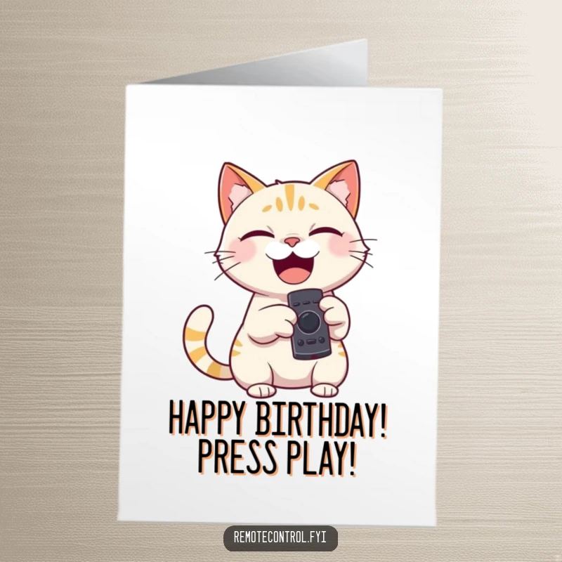 Funny Free Printable Birthday Card: Giggling cat holding a remote, playfully pointing it for birthday wishes.