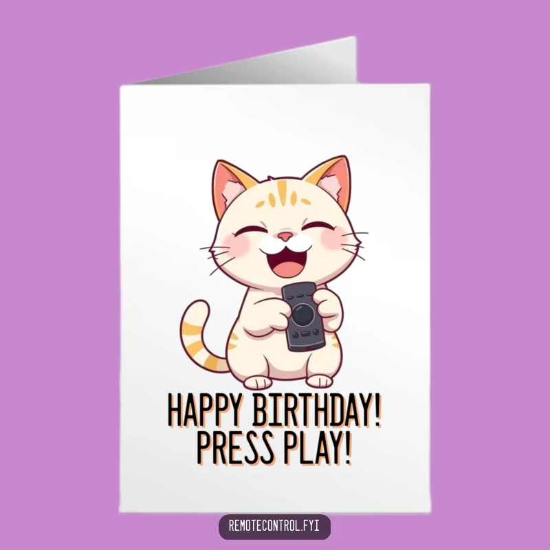 Free Printable Birthday Card: Giggling Cat, Remote Control, Funny Gift Download