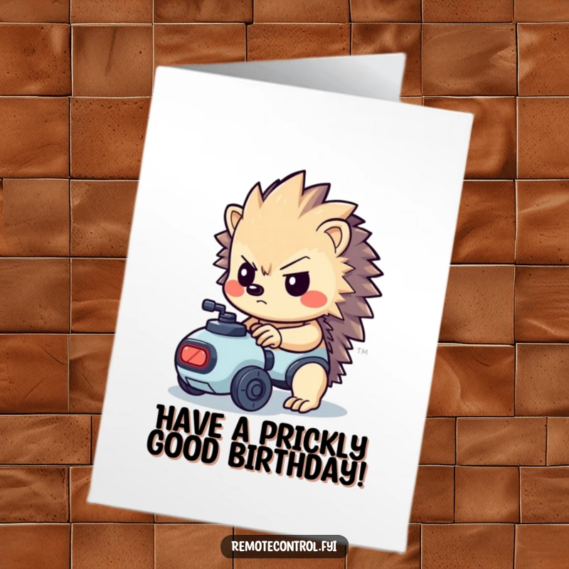 Funny Free Printable Birthday Card: Kawaii hedgehog with determined look controls a tiny robot, celebrating their big day.