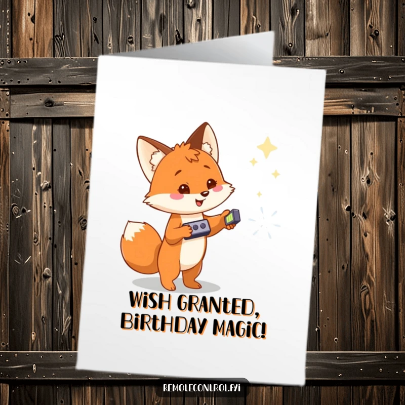 Funny Free Printable Birthday Card: Cheerful fox with a remote, pointing towards a distant, glowing magical object.