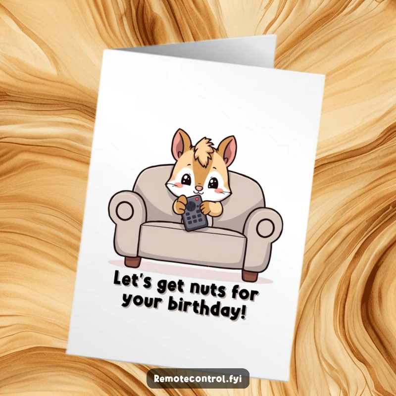 Funny Free Printable Birthday Card: Mischievous squirrel peeks from behind a couch holding a remote, plotting birthday fun.