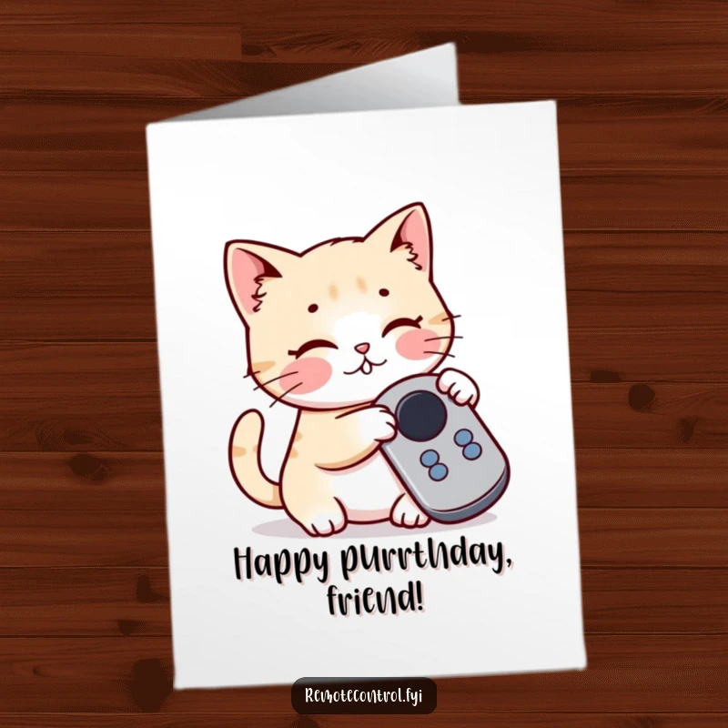 Funny Free Printable birthday card featuring a cute kawaii cat playfully batting at a single button on a remote control, full of mischief.