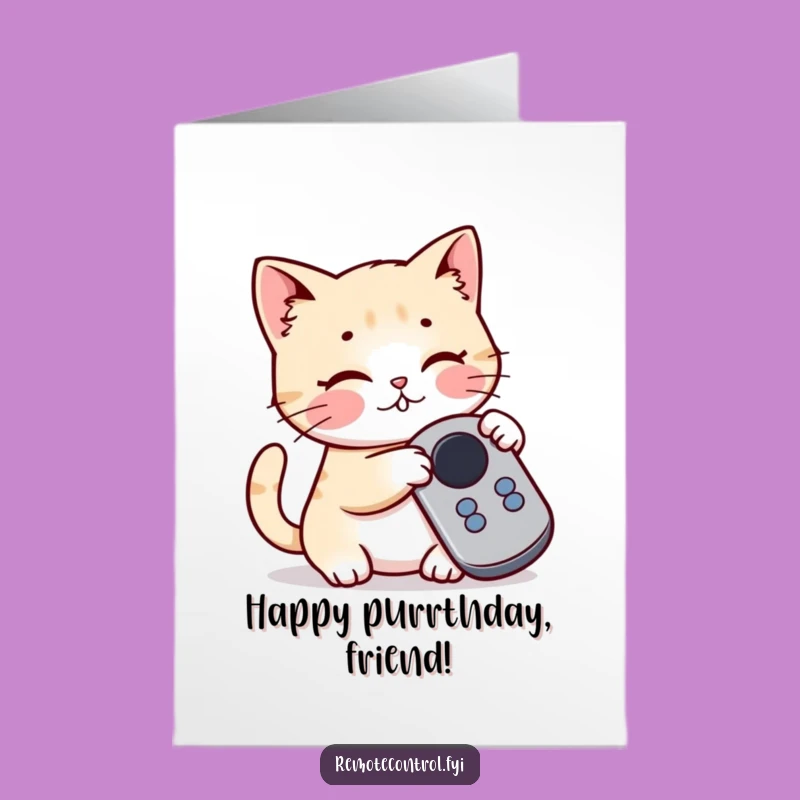 Free Printable Birthday Card: Playful Cat Pouncing on Remote Funny Greeting