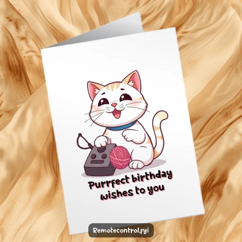 Funny Free Printable Birthday Card: Proud cat using a remote control to guide a bouncing yarn ball.