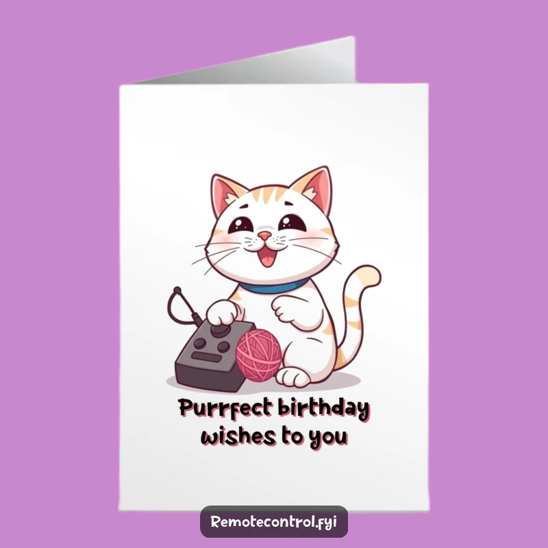Free Printable Birthday Card: Proud Cat Remote Yarn Ball Funny Downloadable Gift