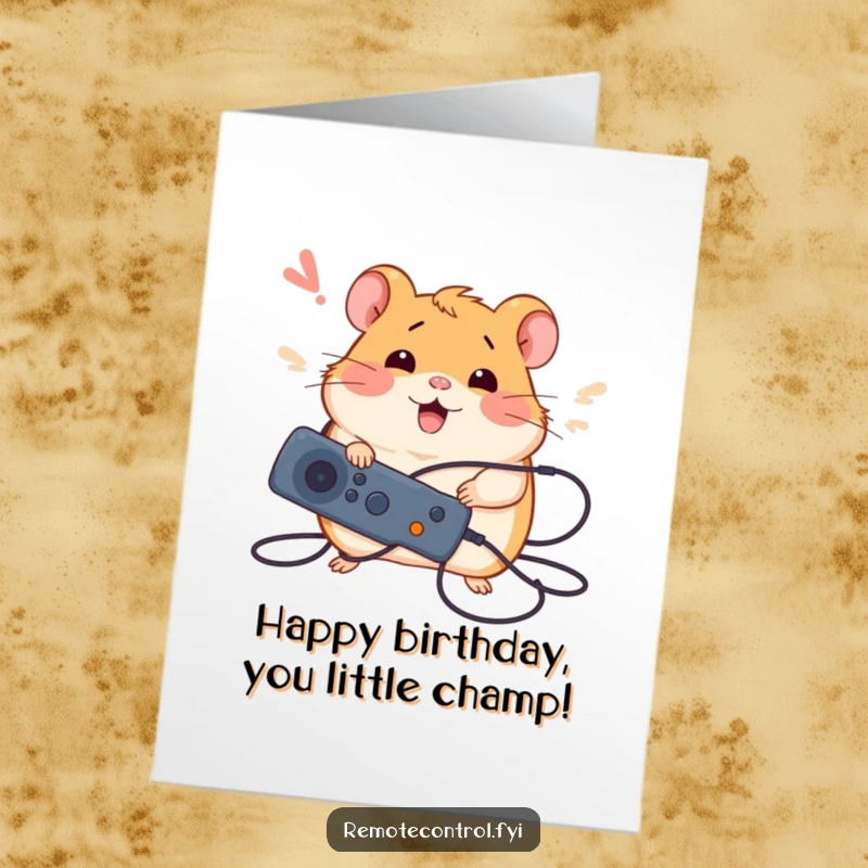 Funny Free Printable Birthday Card: Silly hamster tangled in wires, happily sighing with a remote.