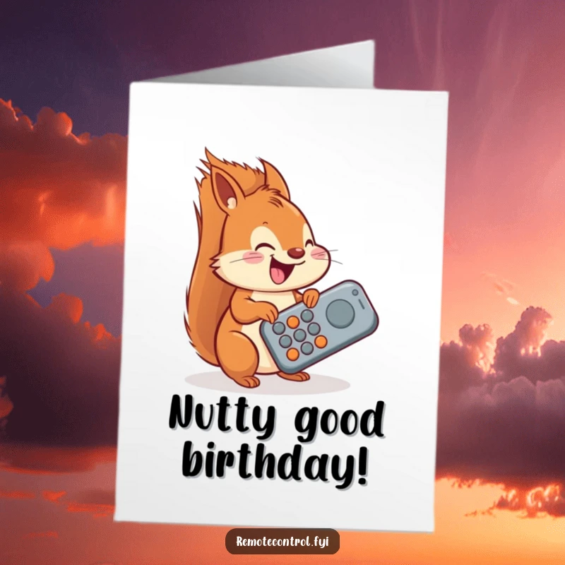 Funny Free Printable Birthday Card: Delighted squirrel humorously trying to operate a giant, oversized remote control.