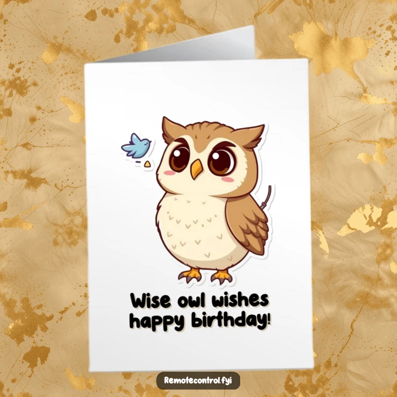 Funny Free Printable Birthday Card: Surprised owl with a remote, looking at a mysterious flying symbol above.