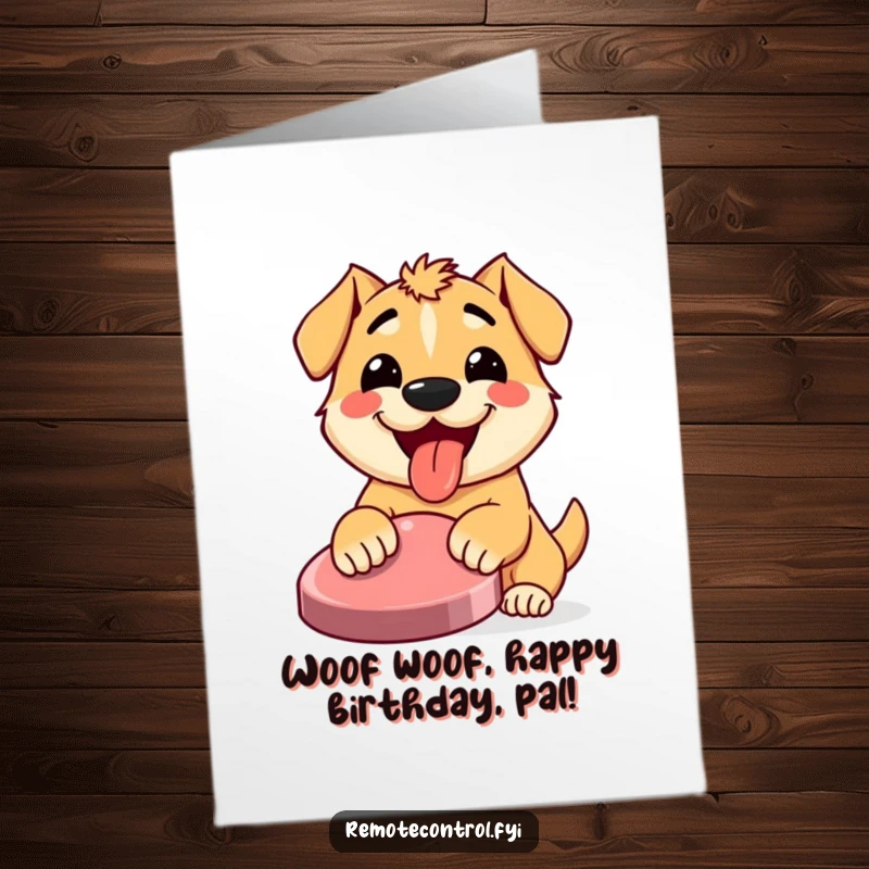 Funny free printable birthday card: a happy dog with tongue out enthusiastically hits a big red button.