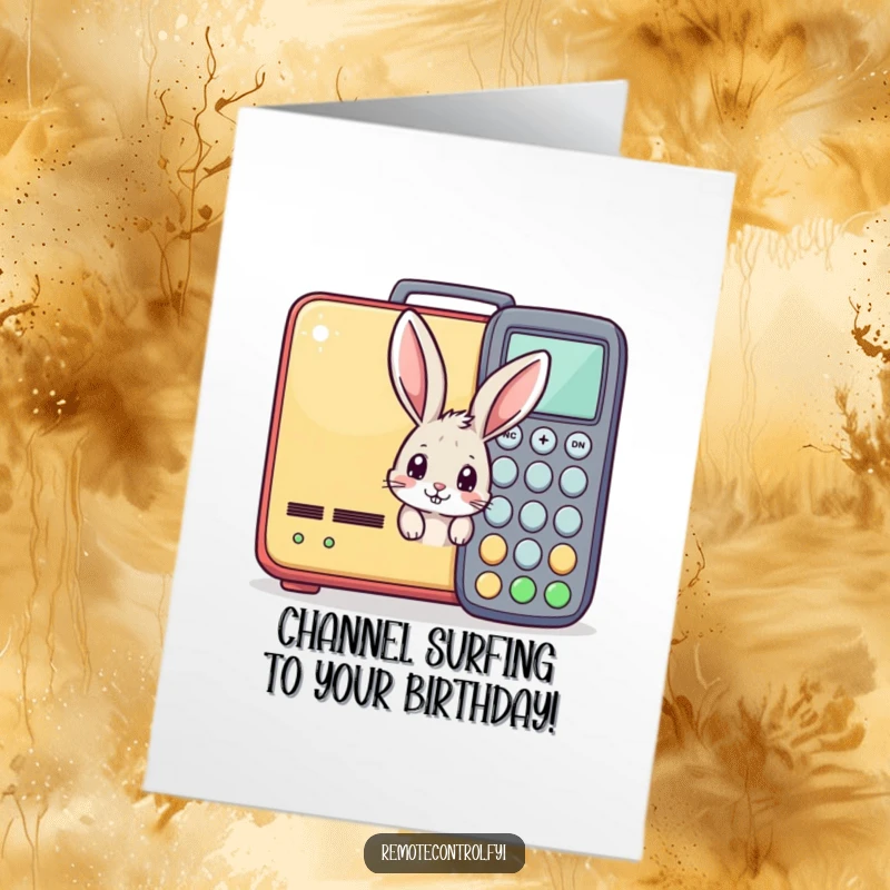 Funny Free Printable Birthday Card: Curious bunny peeking behind a massive colorful remote control, ready for laughs.