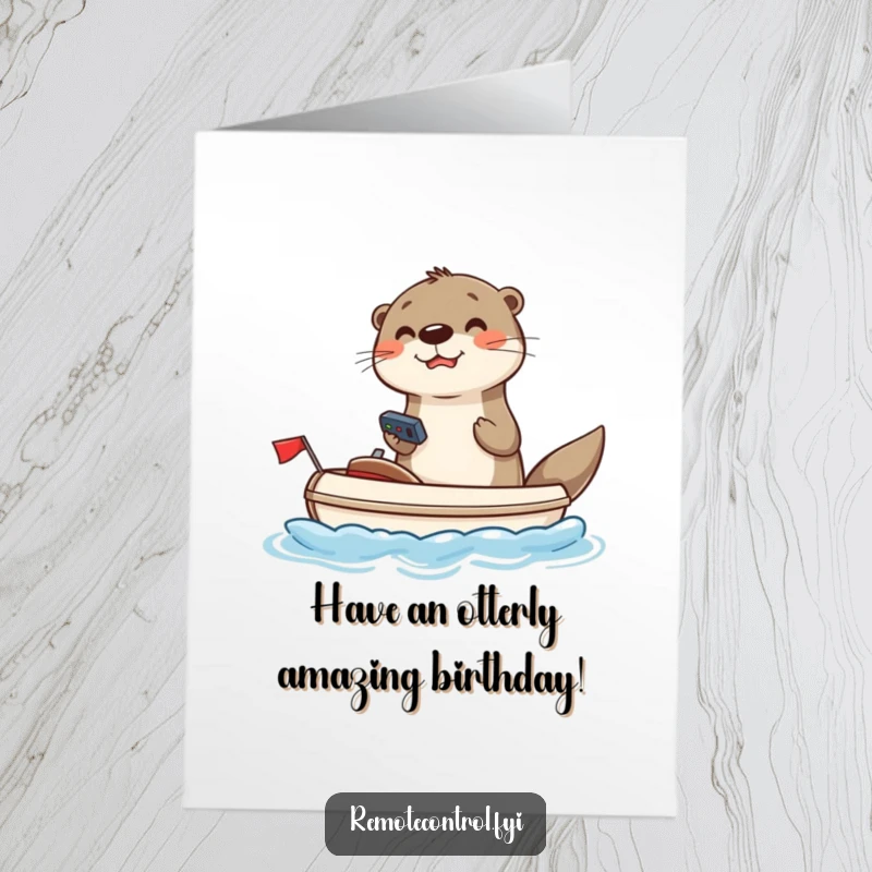 Funny Free Printable Otter Birthday Card: Joyful otter steering toy boat with remote, having fun.