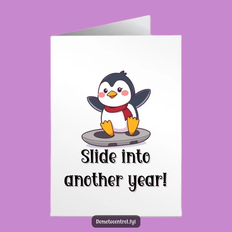 Free Printable Funny Penguin Birthday Card: Surfing Remote, Downloadable Gift for Gamers