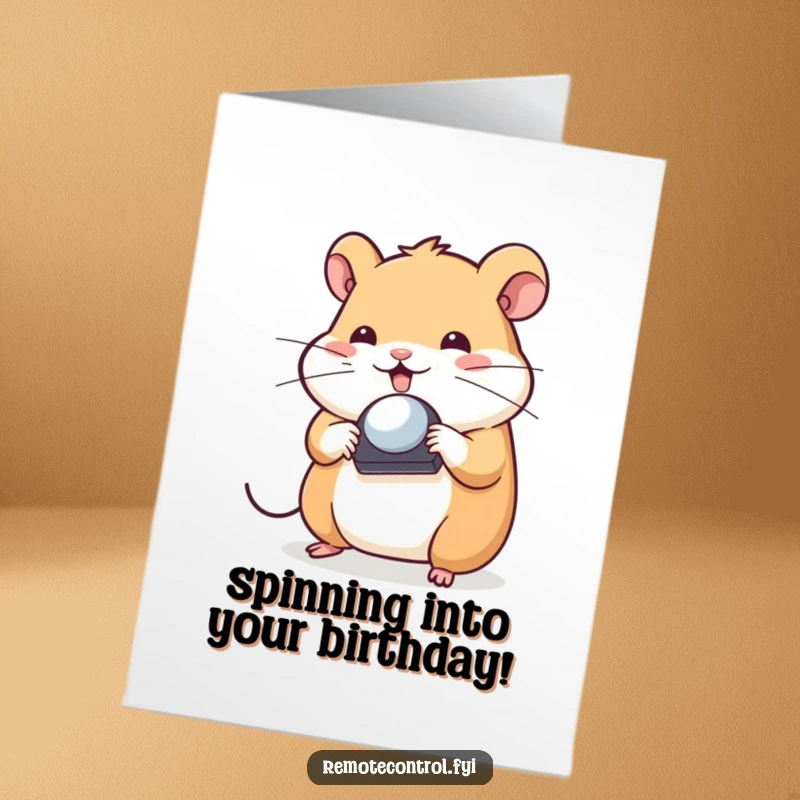 Funny Free Printable birthday card with a playful hamster character expertly spinning a remote control on its tiny nose.