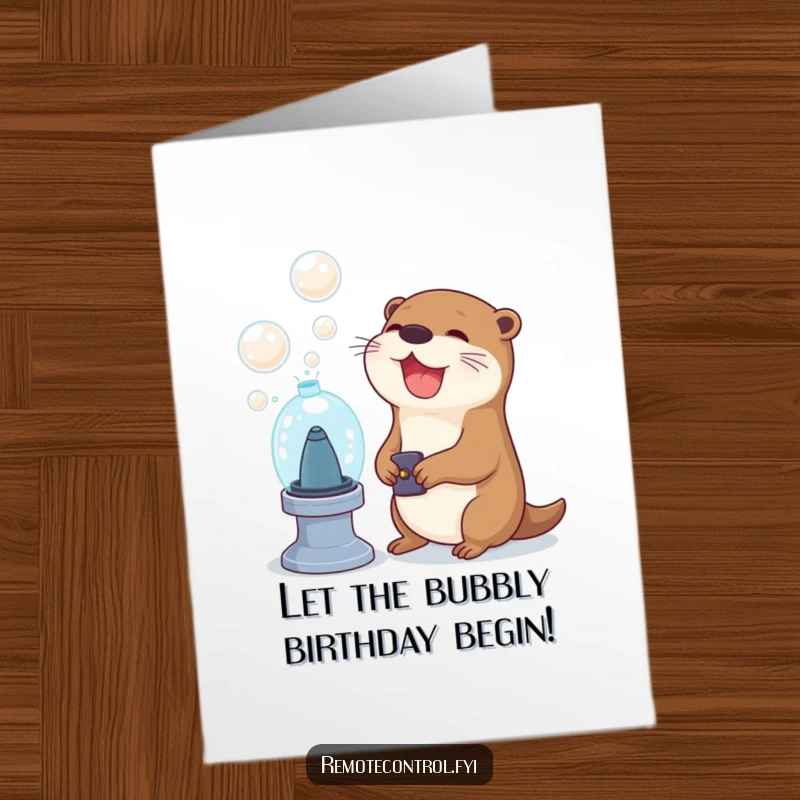 Funny Free Printable Birthday Card: Joyful otter character uses a remote to magically activate a bubble machine.