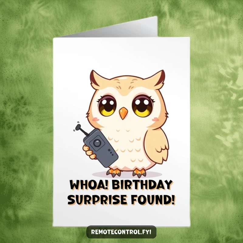 Funny Free Printable birthday card with a shy owl character holding a remote control with wide, comically surprised eyes.