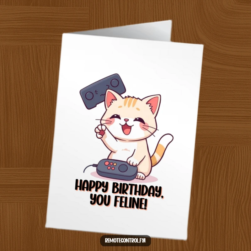 Funny free printable birthday card featuring a playful cat batting at a remote control with its paw, ready for fun.