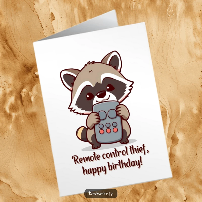 Funny Free Printable birthday card featuring a mischievous raccoon peeking from behind a remote control with a sly, grinning expression.