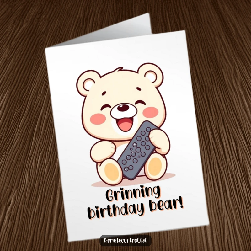 Funny Free Printable birthday card with a wide-grinning kawaii bear enthusiastically holding a remote control covered in numerous buttons, ready for action.