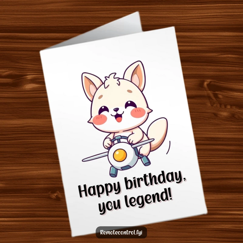 Funny Free Printable Birthday Card: Happy animal focused on controlling a flying toy with pure joy, a delightful birthday wish.