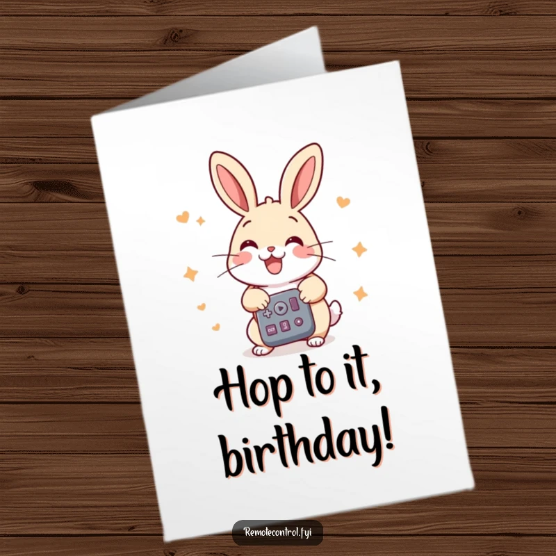 Funny Free Printable Birthday Card: Cheerful rabbit energetically pressing multiple buttons on a remote control with joy.