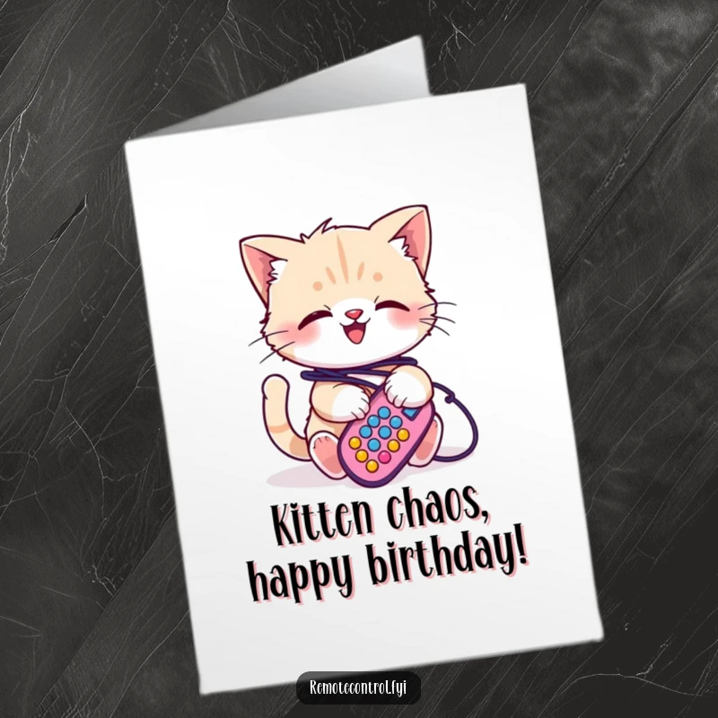 Funny free printable birthday card showing a giggling kitten tangled in colorful remote cords, adding birthday fun.