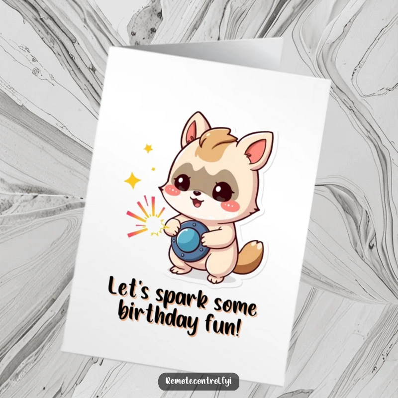Funny Free Printable Birthday Card: Mischievous animal pressing a button that sparks colorful, exciting fireworks.