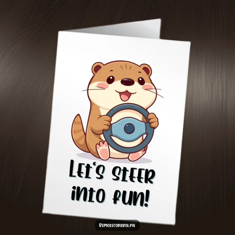 Funny Free Printable Birthday Card featuring a cheerful otter playfully holding a remote control like a steering wheel, embarking on a fun adventure.