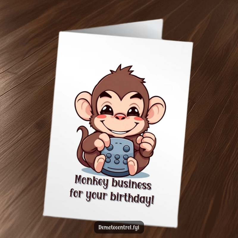Funny Free Printable Birthday Card: Mischievous monkey grinning widely, pretending to be a TV remote.