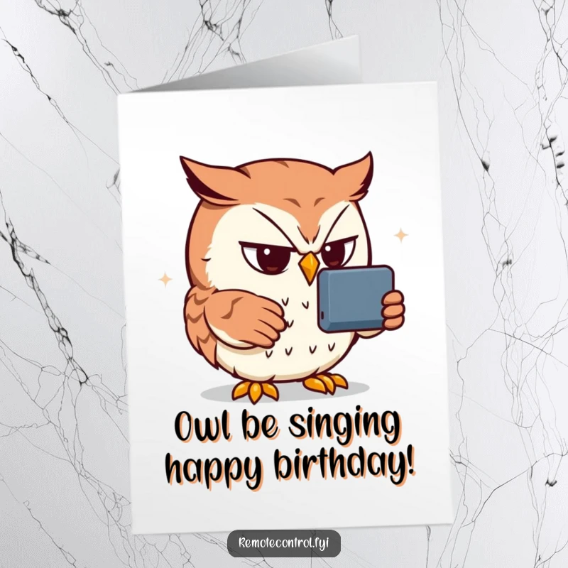 Funny Free Printable Owl Birthday Card: Determined owl intently watching TV with remote, ready to click.