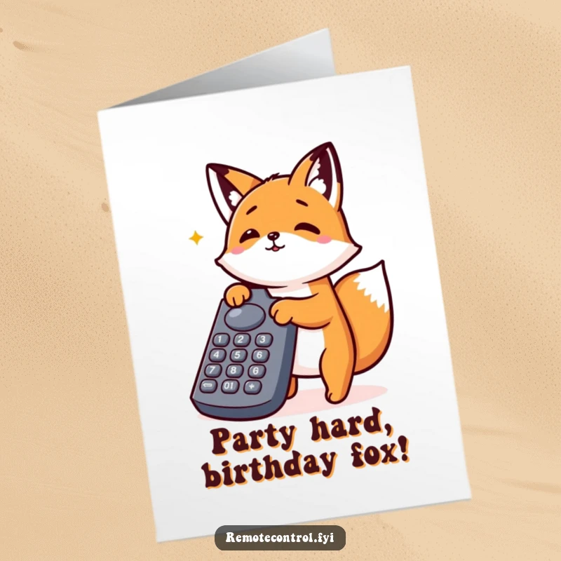 Funny Free Printable birthday card with an excited kawaii fox frantically pushing many buttons on a giant remote control, full of energy.