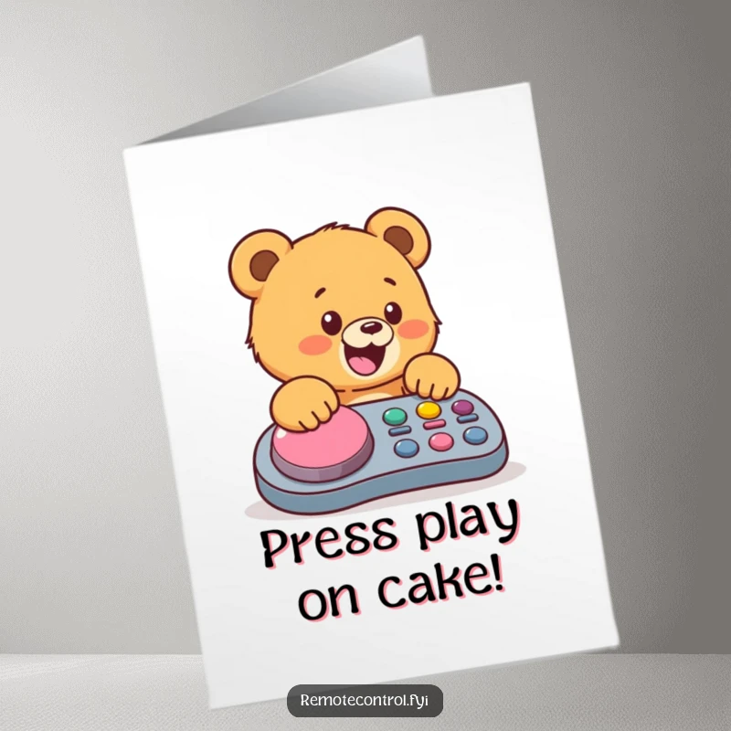 Funny Free Printable Birthday Card: Bear cub excitedly mashing a giant colorful button on a remote with pure joy.