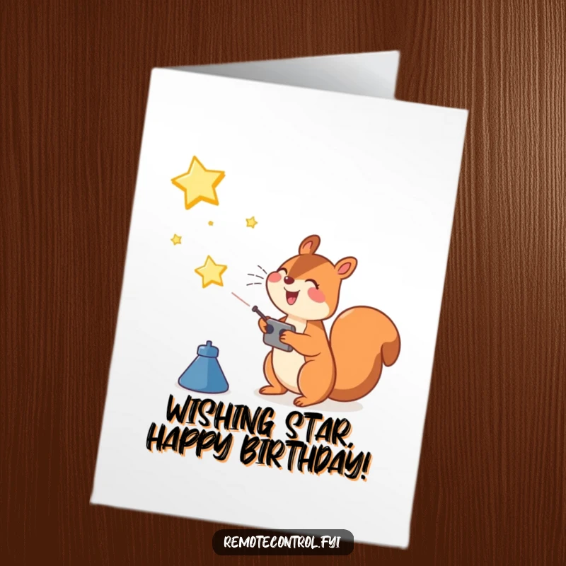 Funny Free Printable birthday card with a joyful squirrel character using a remote control to launch a bright star into the night sky.