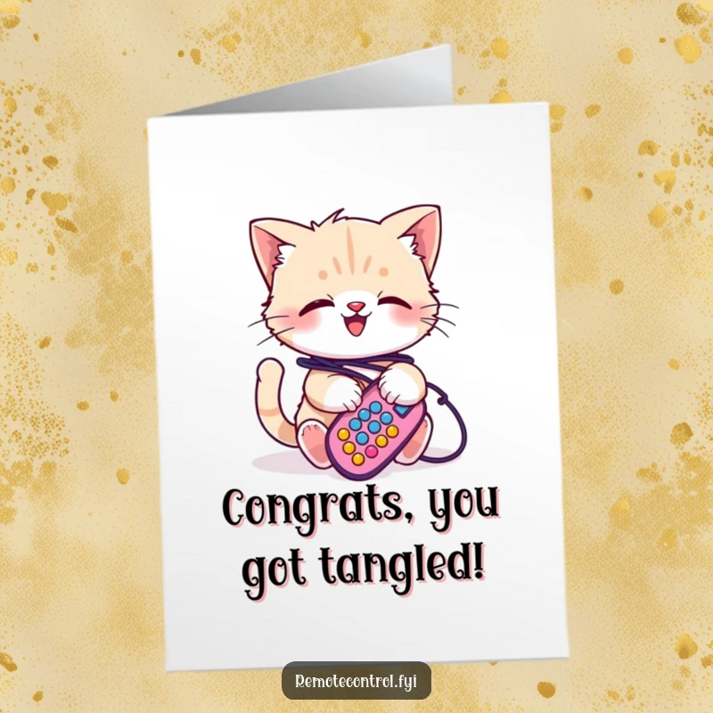 Funny free printable congratulations card with a kitten playfully stuck in remote cords, celebrating success.