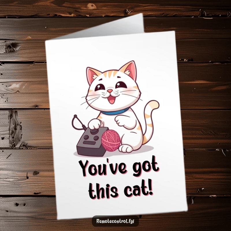 Funny Free Printable Congrats Card: Proud cat masterfully using a remote to control a bouncing ball of yarn.